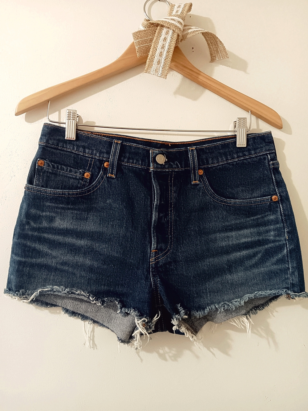 Levi's 501 High Rise Whiskered Dark Blue Denim Cutoff Frayed Hem Jean Shorts 27